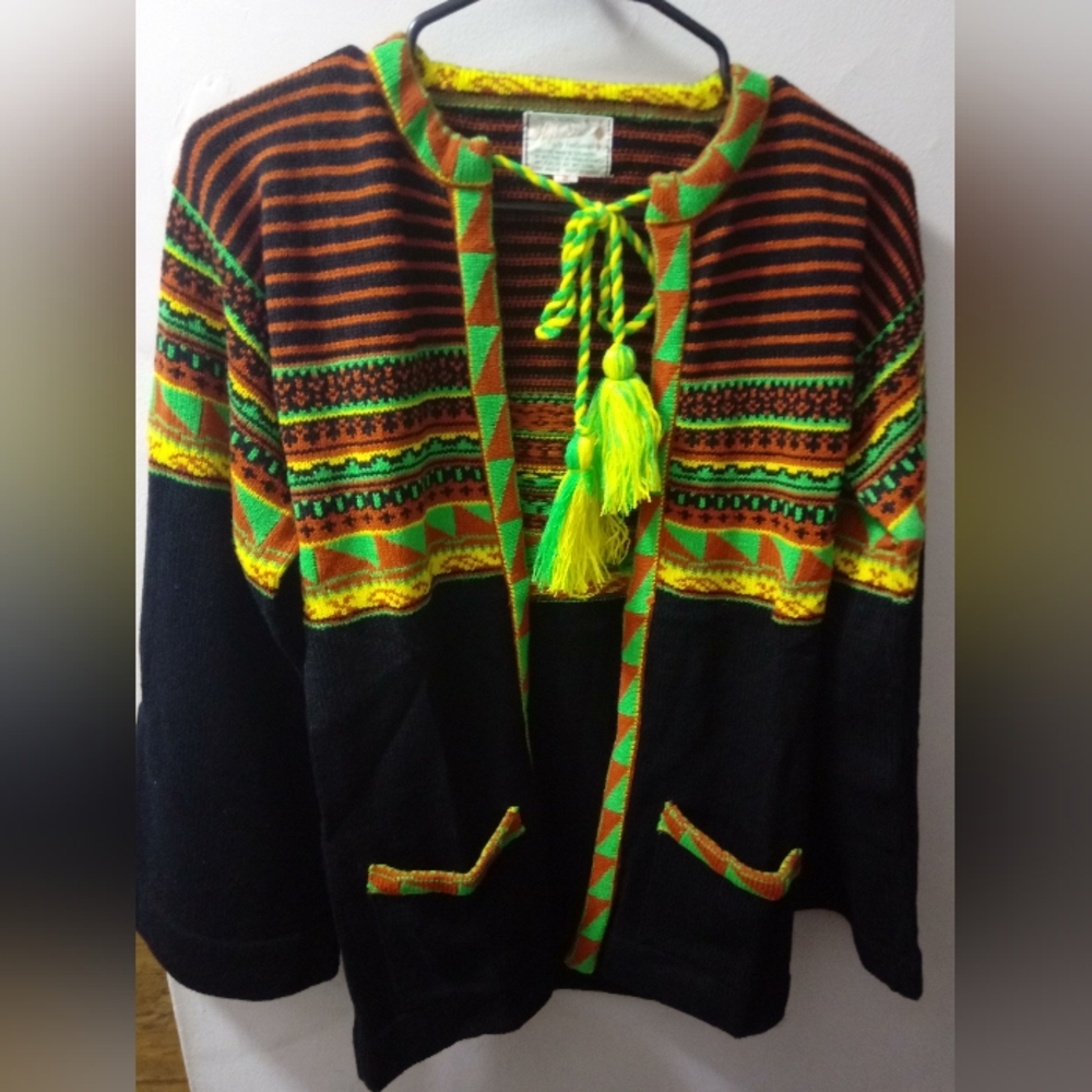 Vintage 1970's, Helen Sue, Women's, Sweater, Size S, Color Black, Yellow, Green